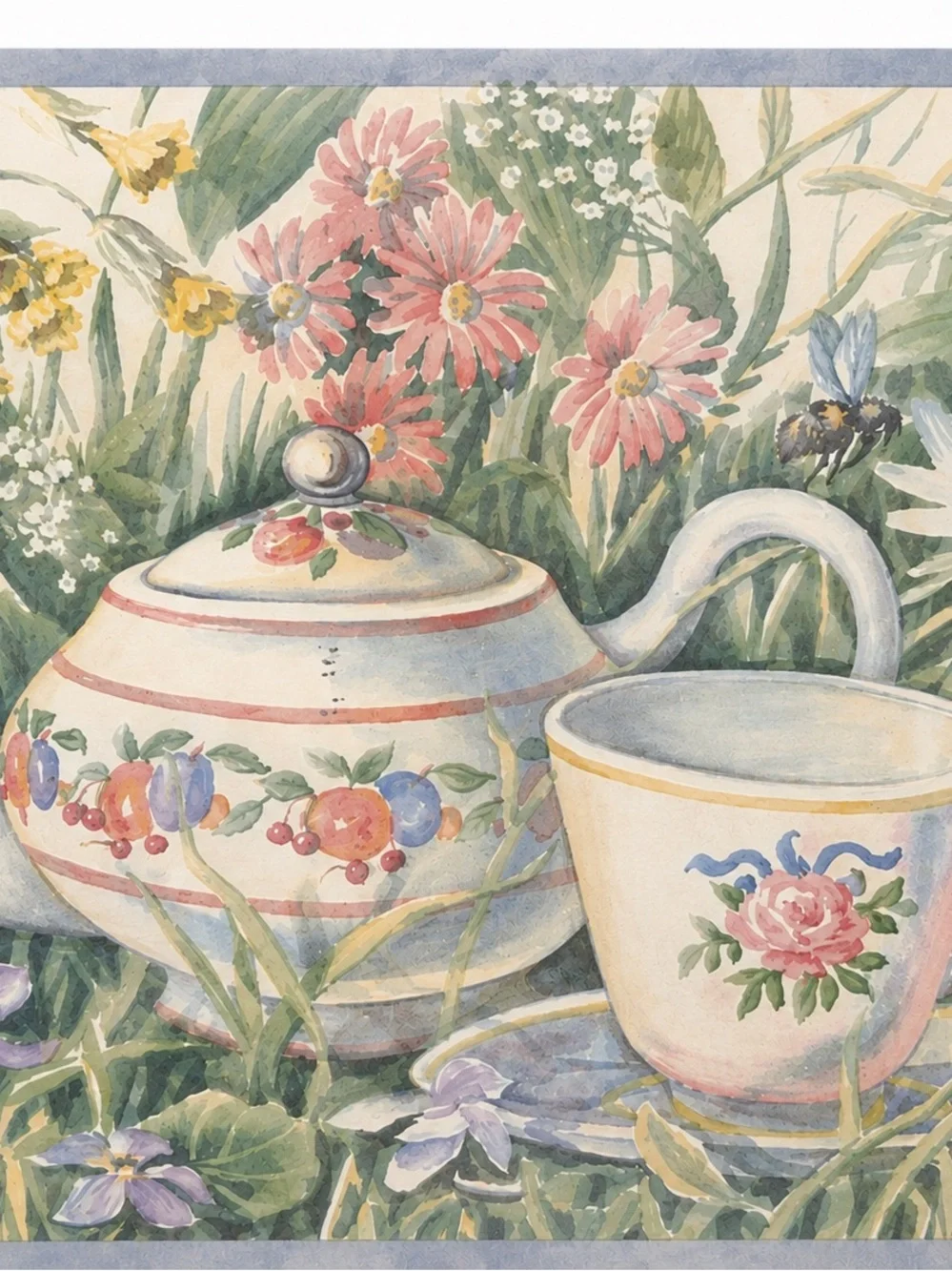 Vintage Blue and Cream Floral Teapot Wallpaper Border - Classic Country Style